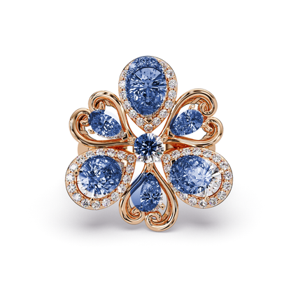2.9 CTW Pear & Round Floral Pavé Colorstone Ring with Sapphire Blue colorstones in 14K Rose Gold – Lunéa Paris