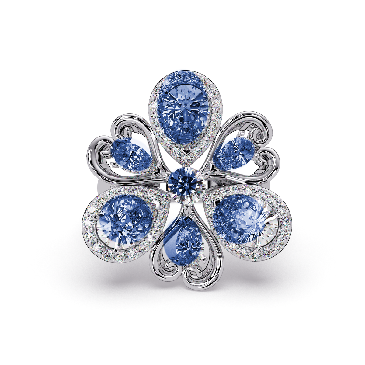 2.9 CTW Pear & Round Floral Pavé Colorstone Ring with Sapphire Blue colorstones in 14K White Gold – Lunéa Paris