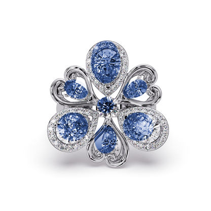 2.9 CTW Pear & Round Floral Pavé Colorstone Ring with Sapphire Blue colorstones in 14K White Gold – Lunéa Paris