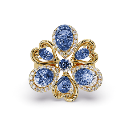 2.9 CTW Pear & Round Floral Pavé Colorstone Ring with Sapphire Blue colorstones in 14K Yellow Gold – Lunéa Paris