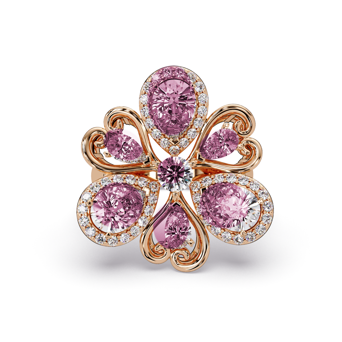 2.9 CTW Pear & Round Floral Pavé Colorstone Ring with Tourmaline Pink colorstones in 14K Rose Gold – Lunéa Paris