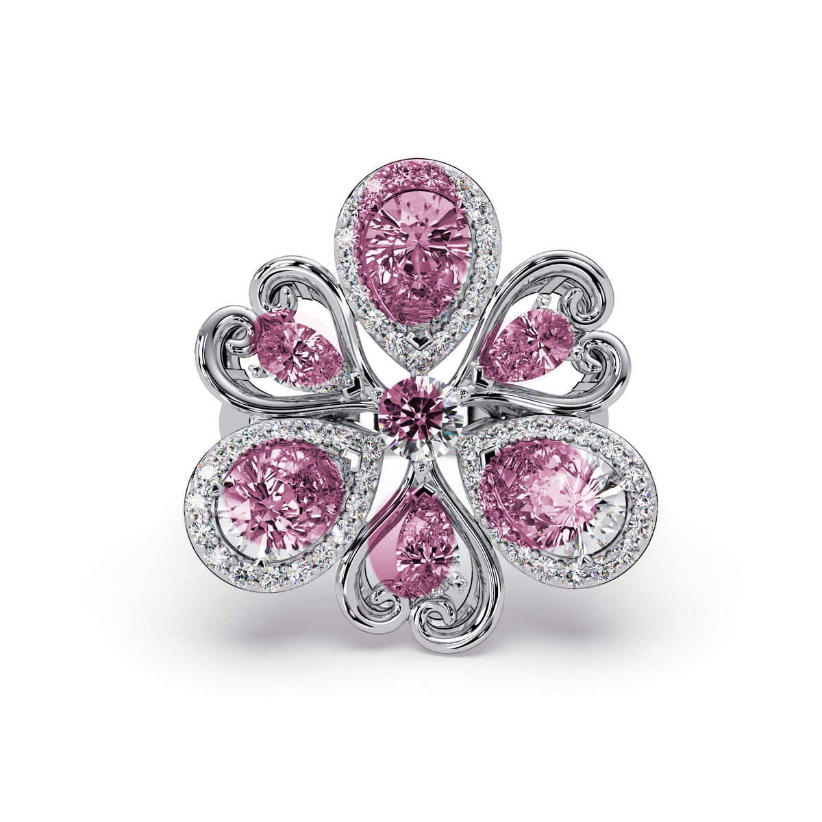2.9 CTW Pear & Round Floral Pavé Colorstone Ring with Tourmaline Pink colorstones in 14K White Gold – Lunéa Paris