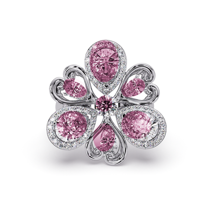 2.9 CTW Pear & Round Floral Pavé Colorstone Ring with Tourmaline Pink colorstones in 14K White Gold – Lunéa Paris