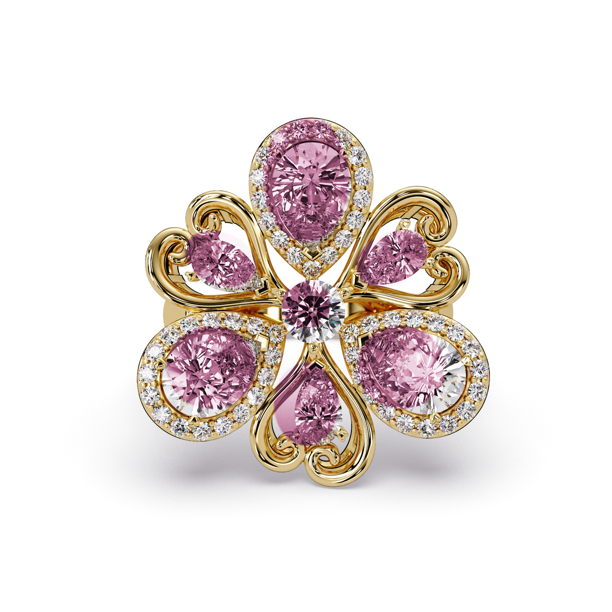 2.9 CTW Pear & Round Floral Pavé Colorstone Ring with Tourmaline Pink colorstones in 14K Yellow Gold – Lunéa Paris