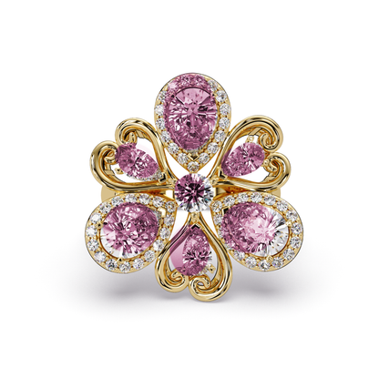 2.9 CTW Pear & Round Floral Pavé Colorstone Ring with Tourmaline Pink colorstones in 14K Yellow Gold – Lunéa Paris