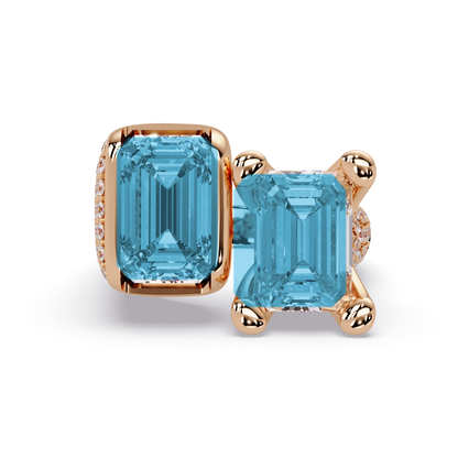 6.9 CTW Baguette Toi et Moi Pavé Colorstone Ring with Aquamarine Blue stones in 14K Rose Gold – Lunéa Paris