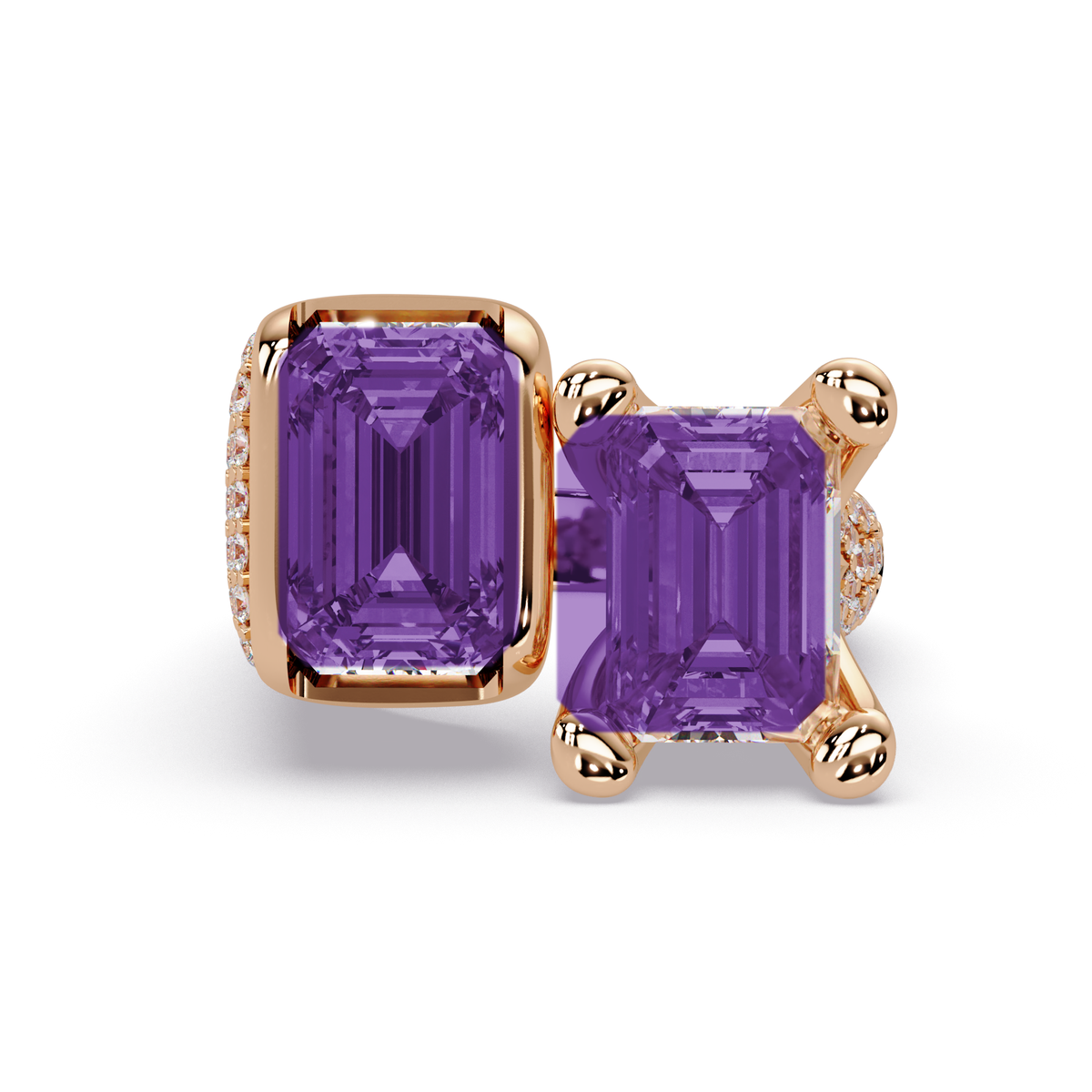 6.9 CTW Baguette Toi et Moi Pavé Colorstone Ring with Amethyst Purple stones in 14K Rose Gold – Lunéa Paris
