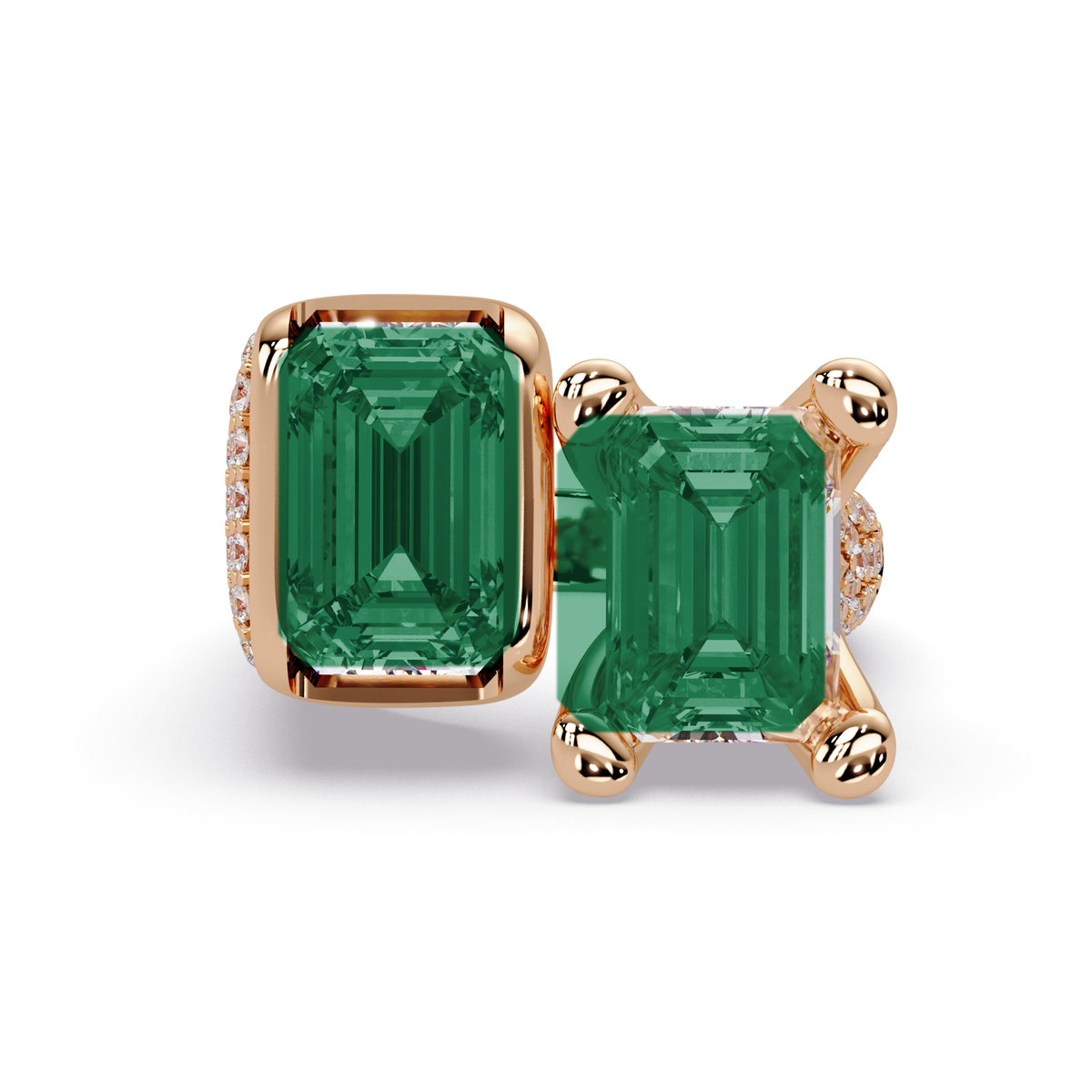 6.9 CTW Baguette Toi et Moi Pavé Colorstone Ring with Emerald Green stones in 14K Rose Gold – Lunéa Paris