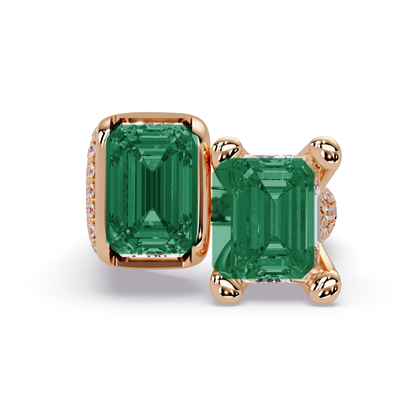 6.9 CTW Baguette Toi et Moi Pavé Colorstone Ring with Emerald Green stones in 14K Rose Gold – Lunéa Paris