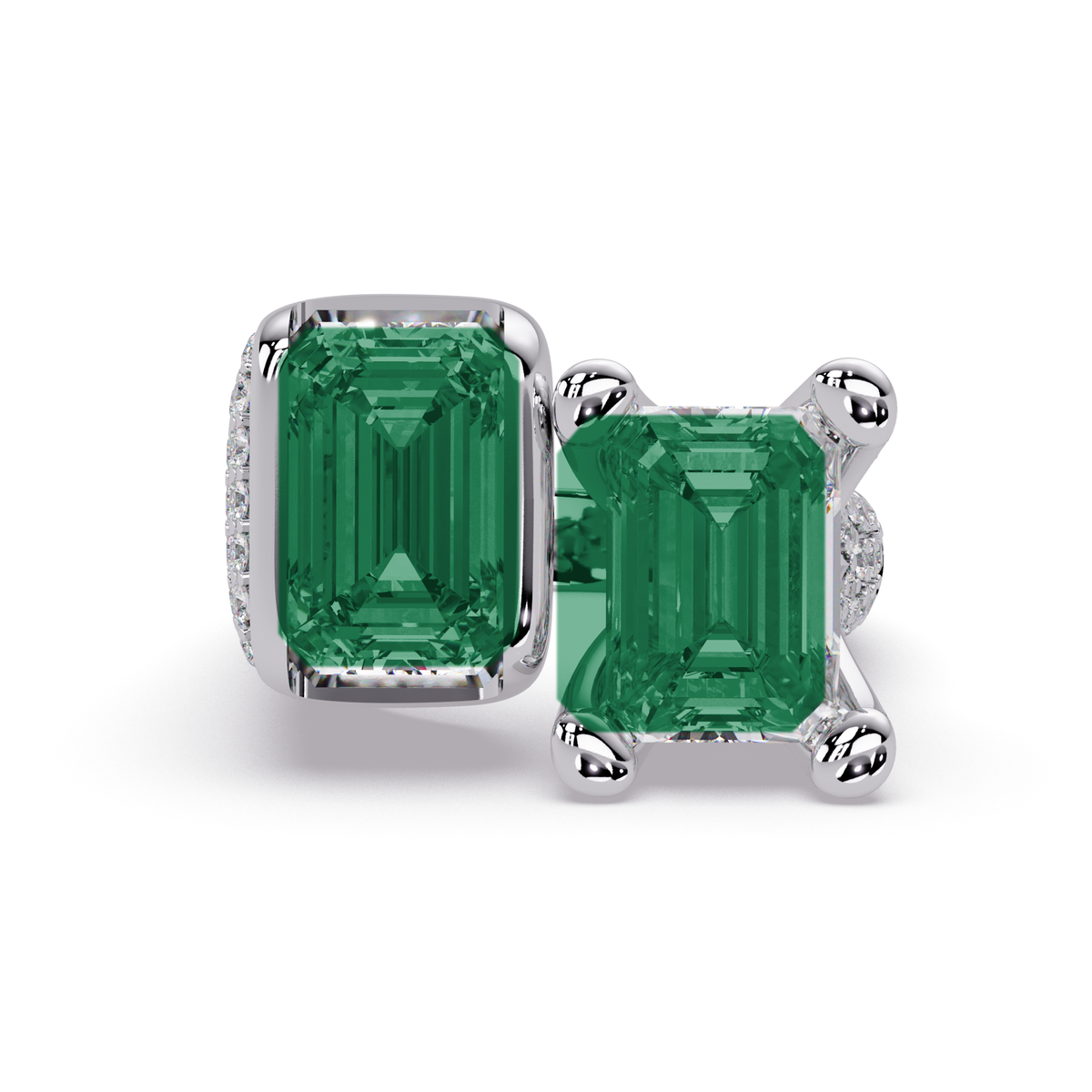 6.9 CTW Baguette Toi et Moi Pavé Colorstone Ring with Emerald Green stones in 14K White Gold – Lunéa Paris