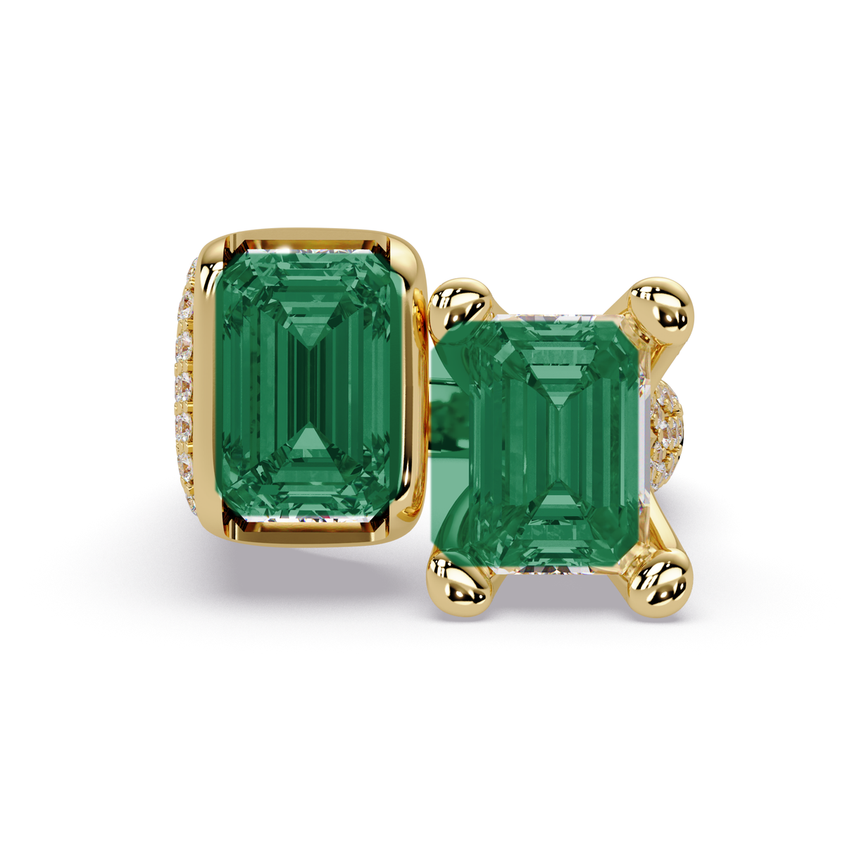 6.9 CTW Baguette Toi et Moi Pavé Colorstone Ring with Emerald Green stones in 14K Yellow Gold – Lunéa Paris
