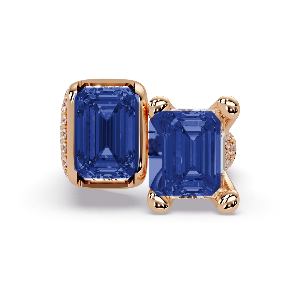 6.9 CTW Baguette Toi et Moi Pavé Colorstone Ring with Sapphire Blue stones in 14K Rose Gold – Lunéa Paris