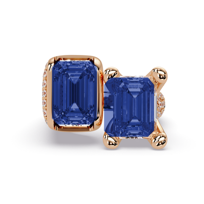 6.9 CTW Baguette Toi et Moi Pavé Colorstone Ring with Sapphire Blue stones in 14K Rose Gold – Lunéa Paris