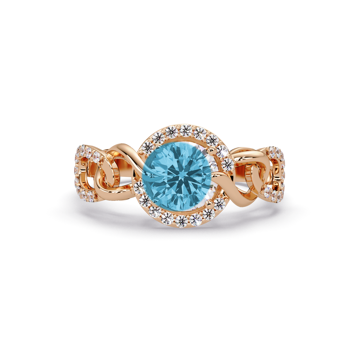 1.0 CTW Round Infinity Halo Pavé Colorstone Ring with Aquamarine Blue center in 14K Rose Gold – Lunéa Paris