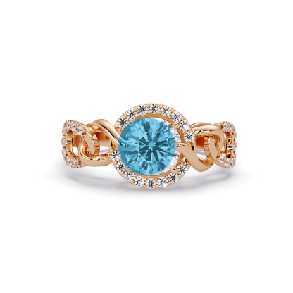 1.0 CTW Round Infinity Halo Pavé Colorstone Ring with Aquamarine Blue center in 14K Rose Gold – Lunéa Paris