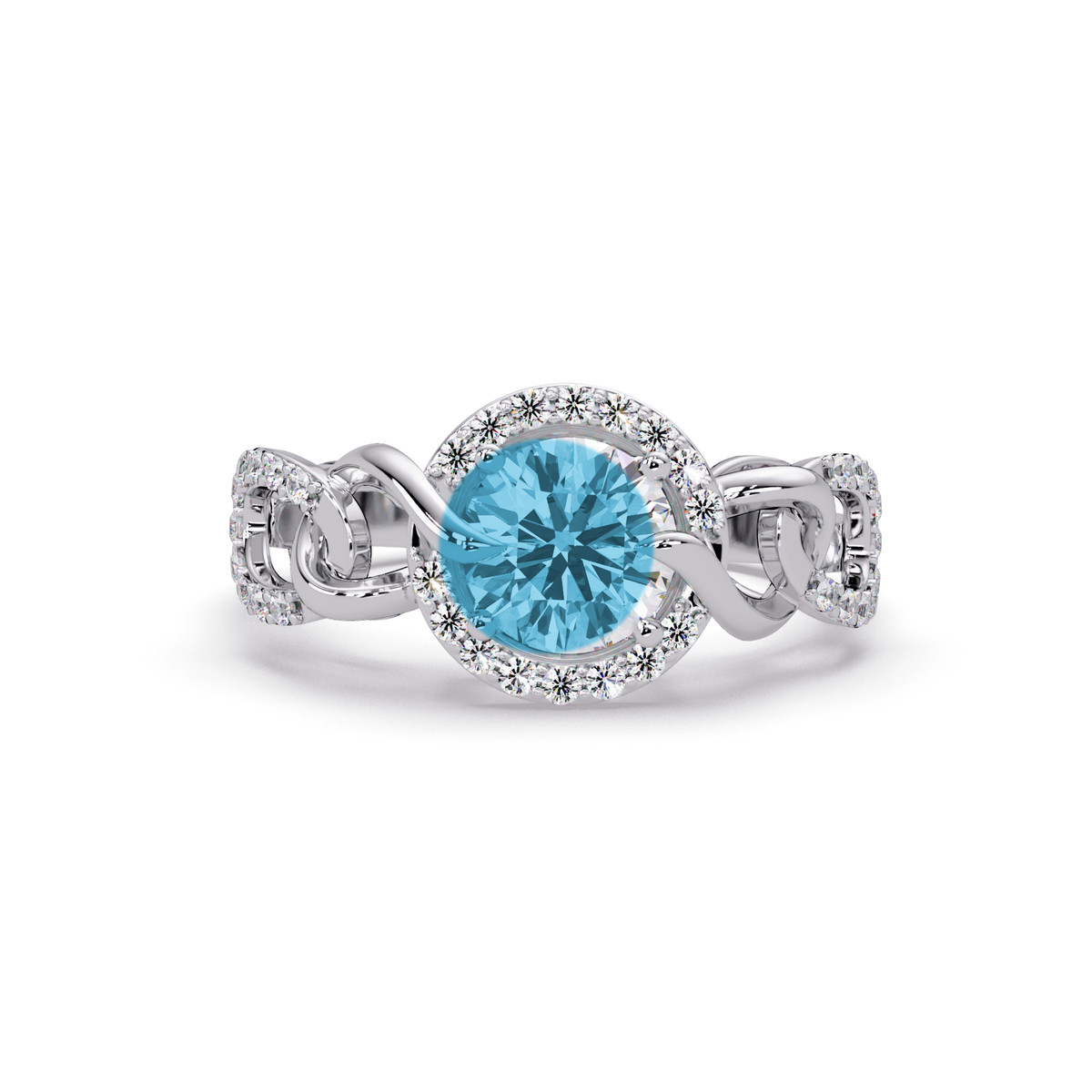 1.0 CTW Round Infinity Halo Pavé Colorstone Ring with Aquamarine Blue center in 14K White Gold – Lunéa Paris