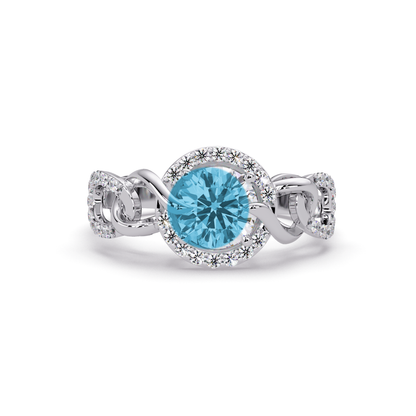 1.0 CTW Round Infinity Halo Pavé Colorstone Ring with Aquamarine Blue center in 14K White Gold – Lunéa Paris