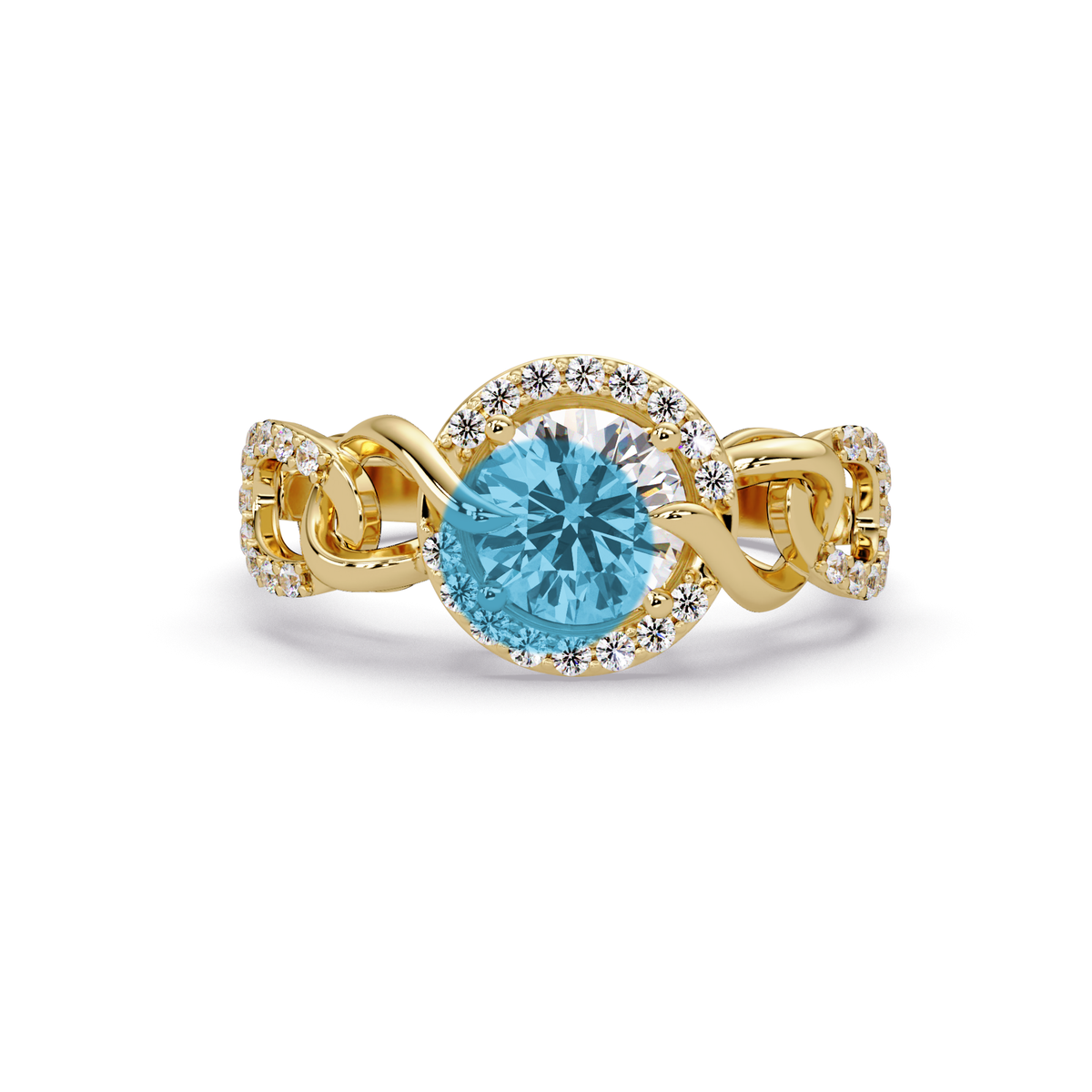 1.0 CTW Round Infinity Halo Pavé Colorstone Ring with Aquamarine Blue center in 14K Yellow Gold – Lunéa Paris