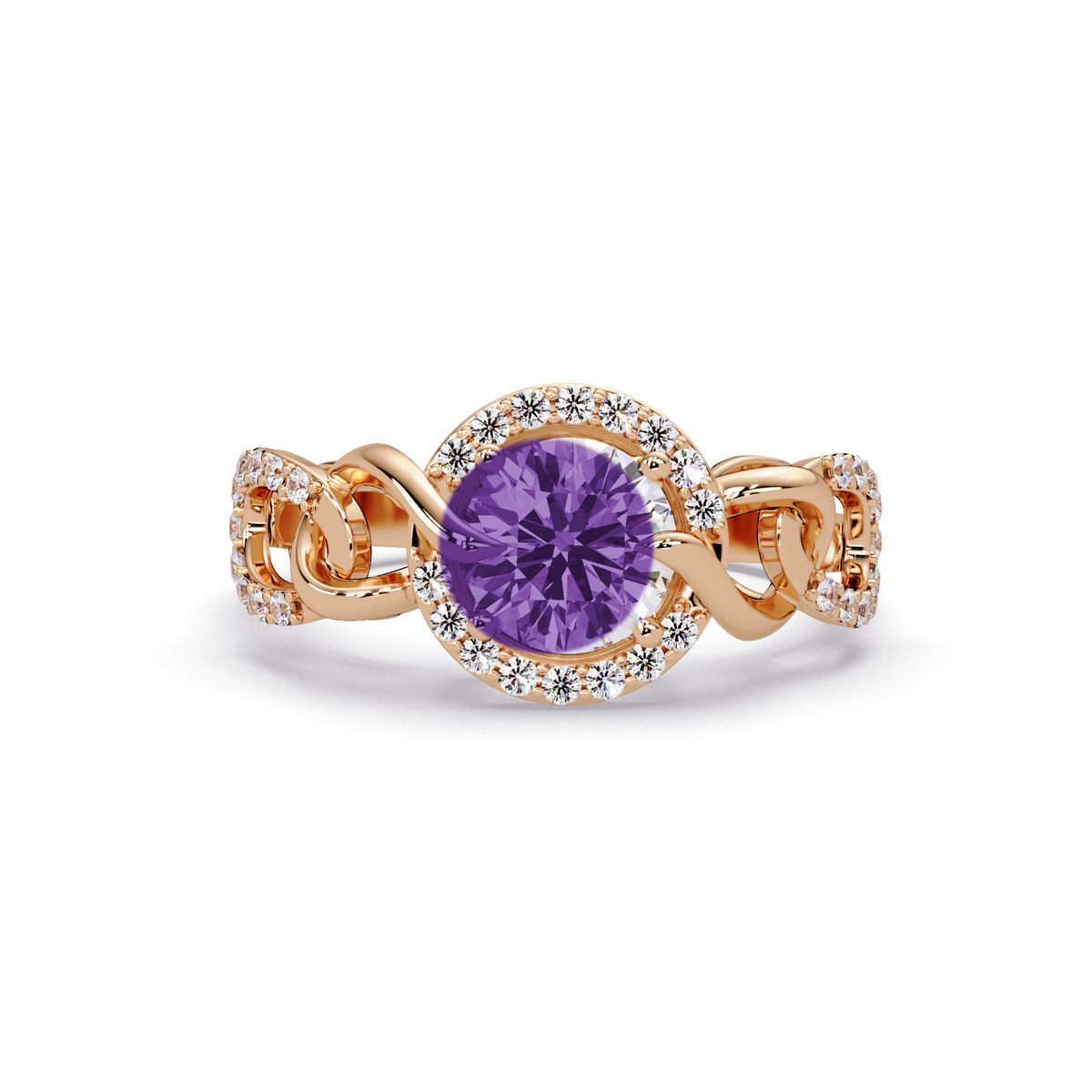 1.0 CTW Round Infinity Halo Pavé Colorstone Ring with Amethyst Purple center in 14K Rose Gold – Lunéa Paris