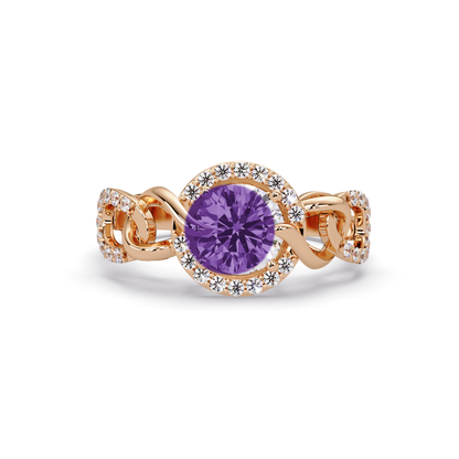 1.0 CTW Round Infinity Halo Pavé Colorstone Ring with Amethyst Purple center in 14K Rose Gold – Lunéa Paris