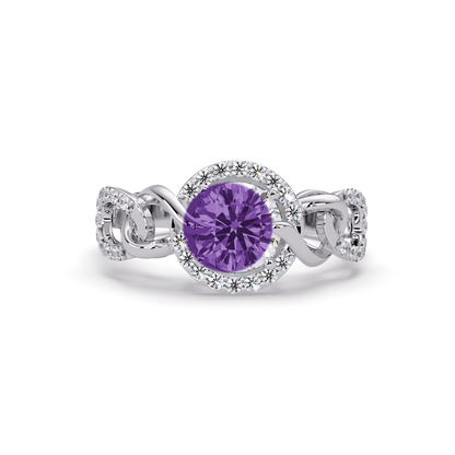1.0 CTW Round Infinity Halo Pavé Colorstone Ring with Amethyst Purple center in 14K White Gold – Lunéa Paris