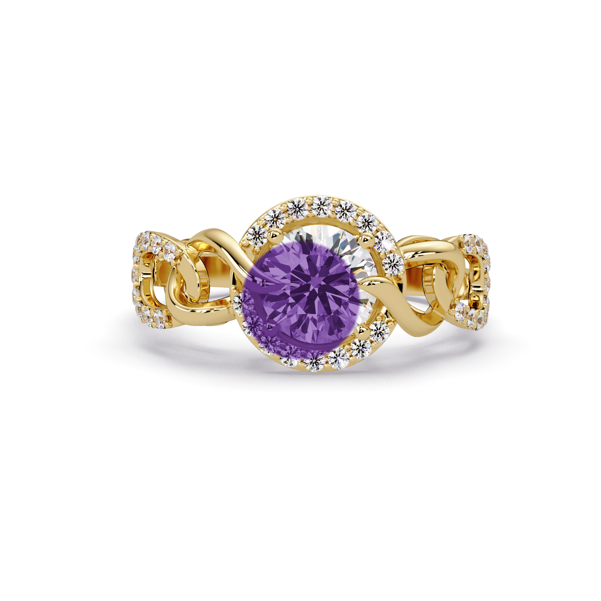 1.0 CTW Round Infinity Halo Pavé Colorstone Ring with Amethyst Purple center in 14K Yellow Gold – Lunéa Paris