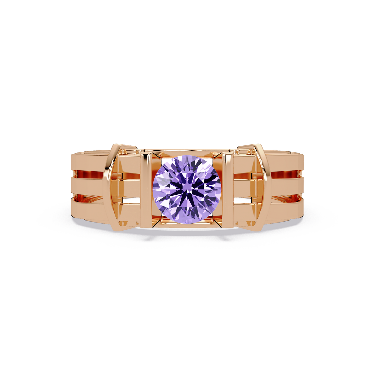 0.8 CTW Round Geometric Split-Rail Men’s Colorstone Ring with Amethyst Purple in Rose Gold – Lunéa Paris
