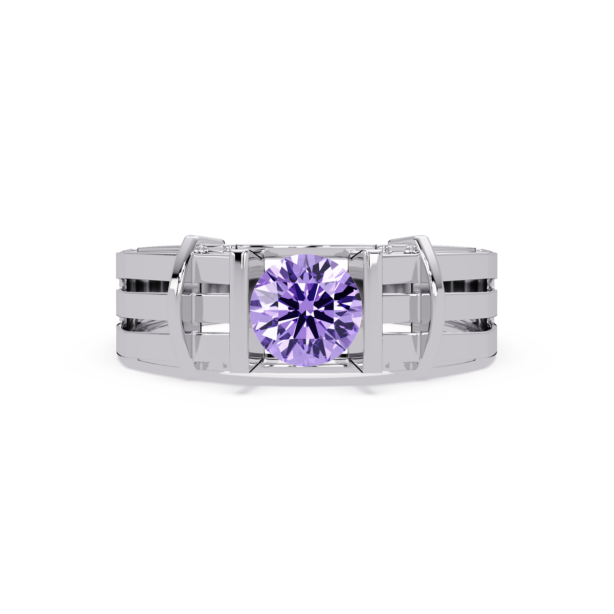 0.8 CTW Round Geometric Split-Rail Men’s Colorstone Ring with Amethyst Purple in White Gold – Lunéa Paris