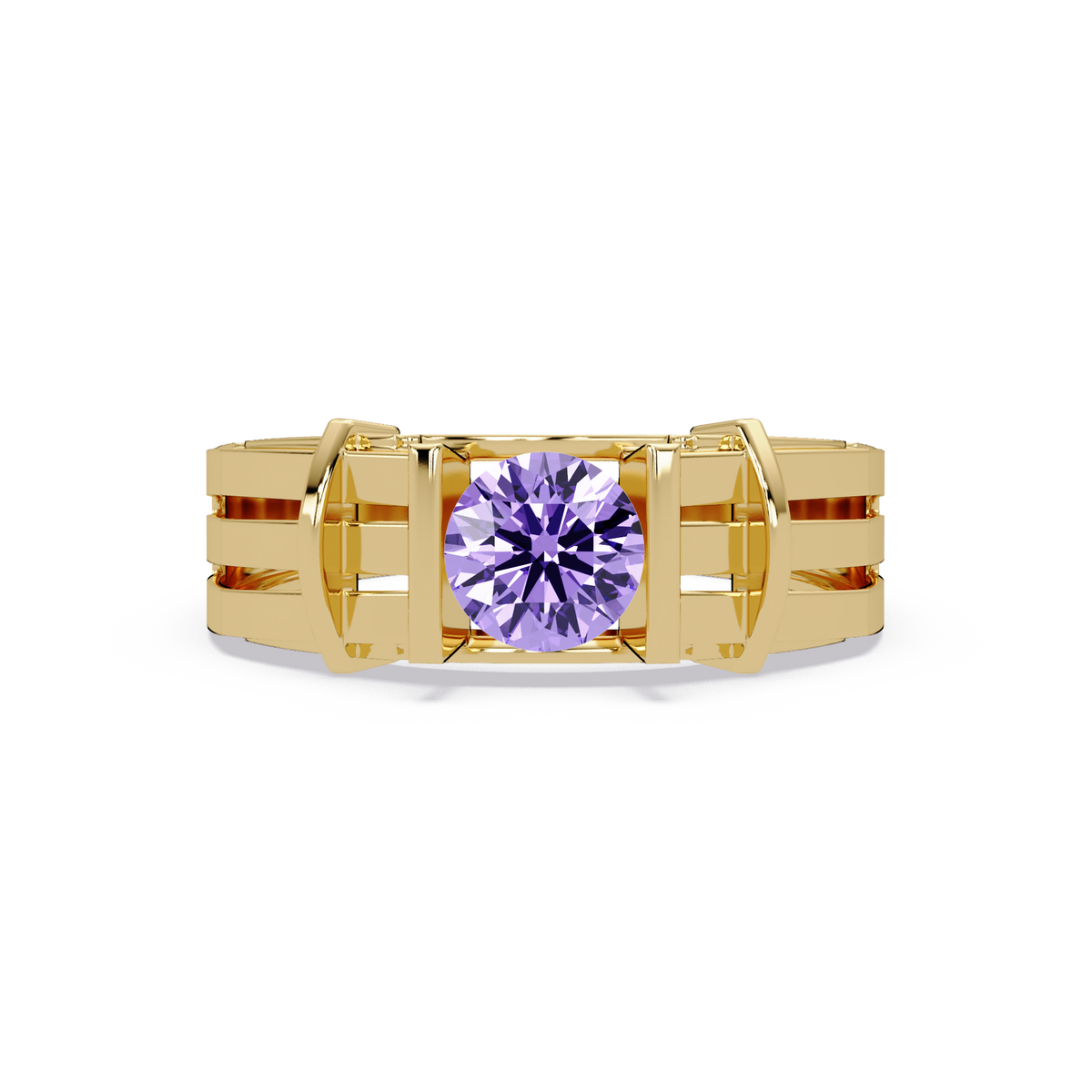 0.8 CTW Round Geometric Split-Rail Men’s Colorstone Ring with Amethyst Purple in Yellow Gold – Lunéa Paris