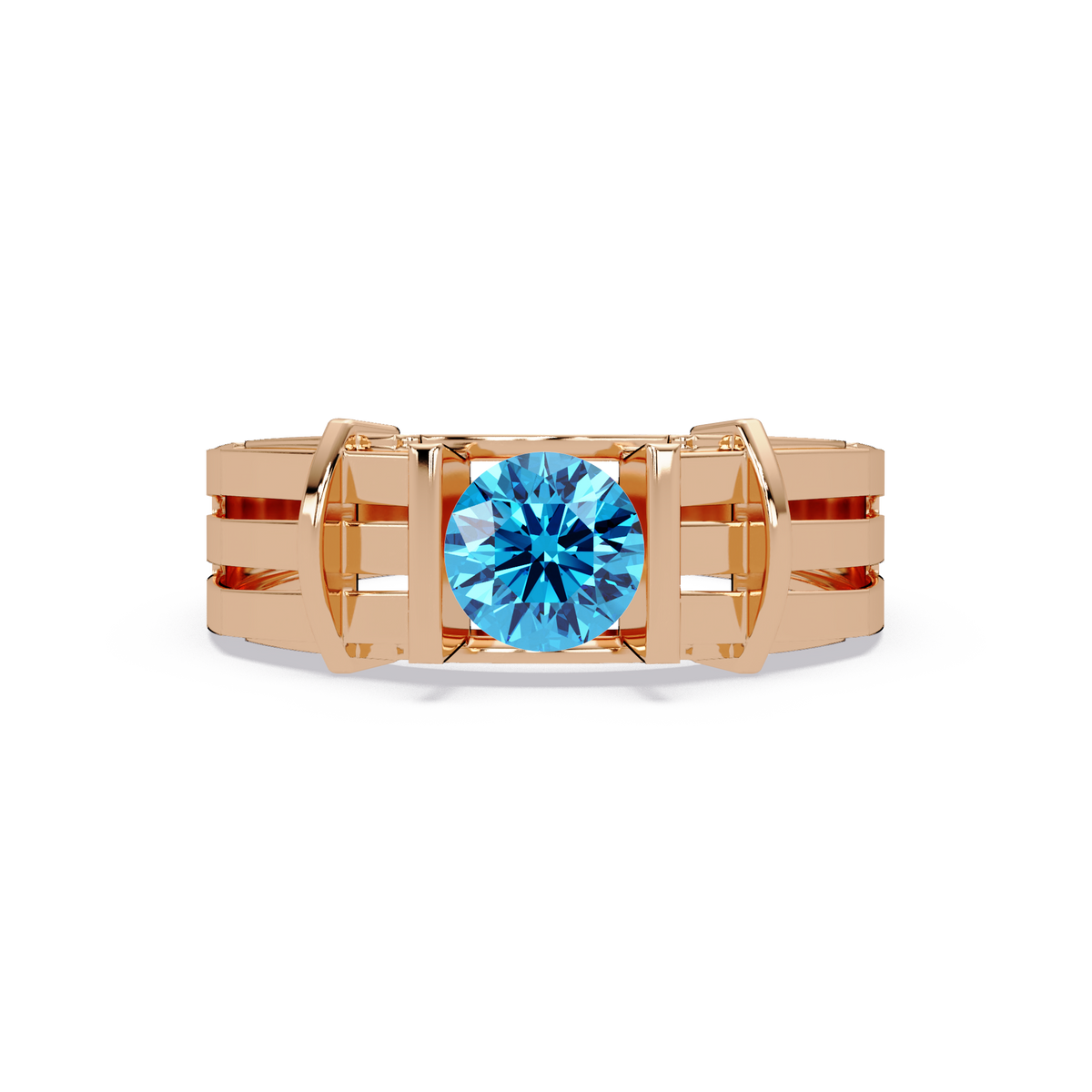 0.8 CTW Round Geometric Split-Rail Men’s Colorstone Ring with Aquamarine Blue in Rose Gold – Lunéa Paris