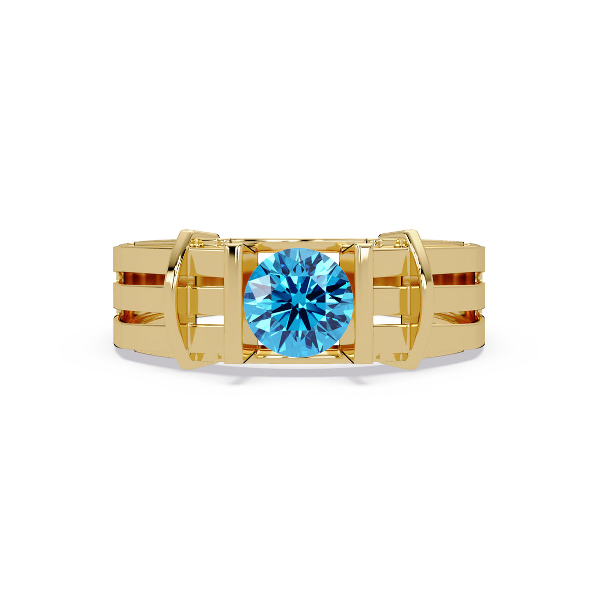 0.8 CTW Round Geometric Split-Rail Men’s Colorstone Ring with Aquamarine Blue in Yellow Gold – Lunéa Paris
