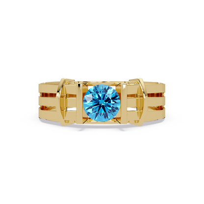 0.8 CTW Round Geometric Split-Rail Men’s Colorstone Ring with Aquamarine Blue in Yellow Gold – Lunéa Paris