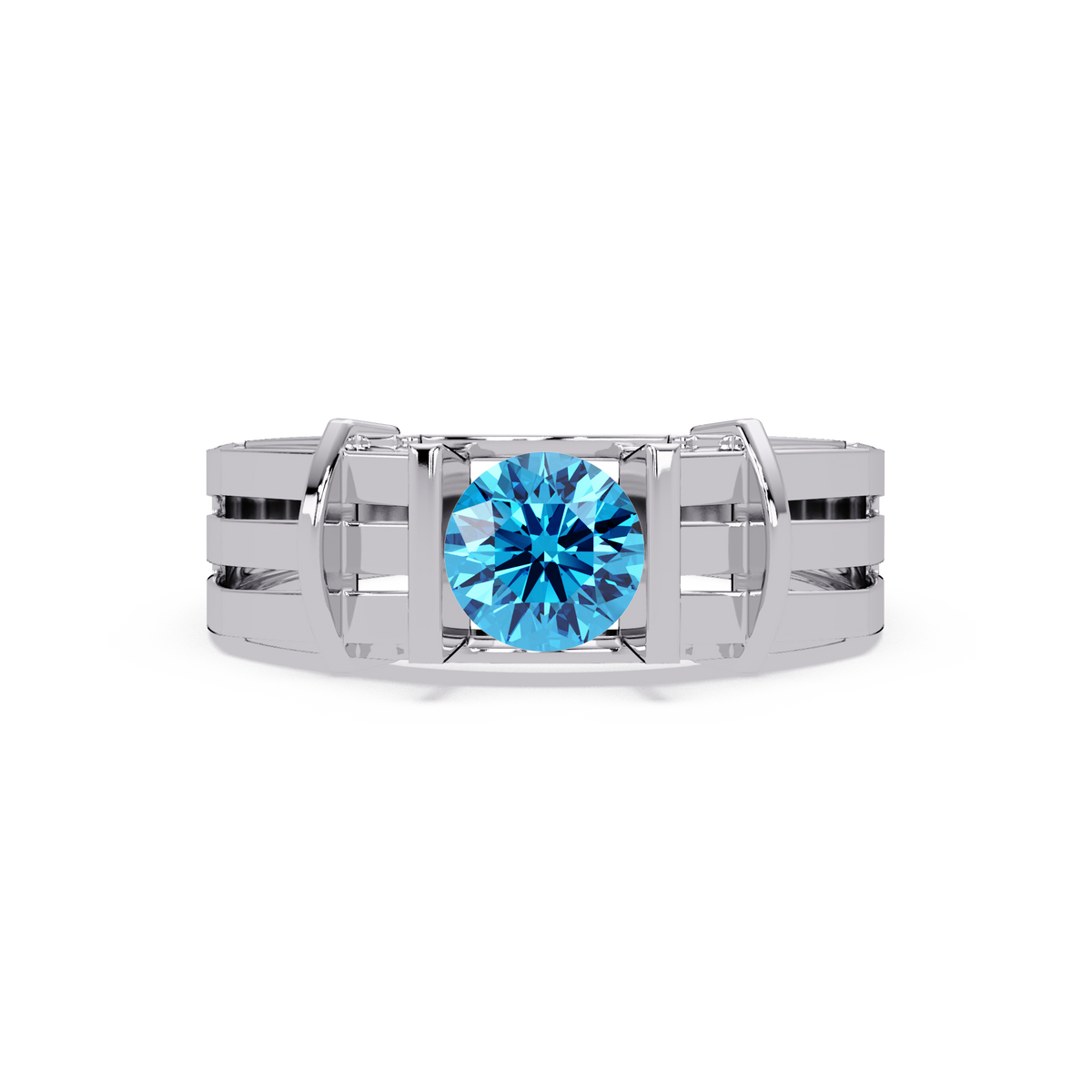 0.8 CTW Round Geometric Split-Rail Men’s Colorstone Ring with Aquamarine Blue in White Gold – Lunéa Paris