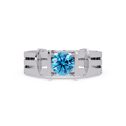 0.8 CTW Round Geometric Split-Rail Men’s Colorstone Ring with Aquamarine Blue in White Gold – Lunéa Paris