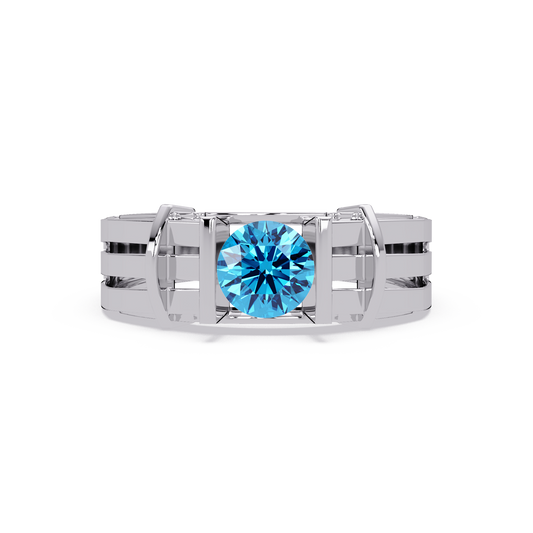 0.8 CTW Round Geometric Split-Rail Men’s Colorstone Ring with Aquamarine Blue in White Gold – Lunéa Paris
