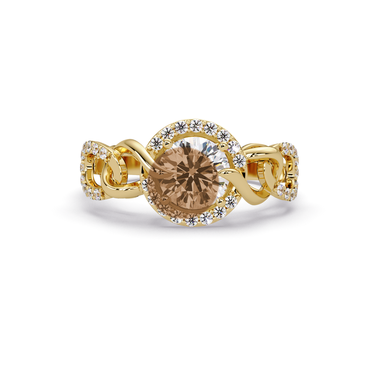 1.0 CTW Round Infinity Halo Pavé Colorstone Ring with Champagne Topaz center in 14K Yellow Gold – Lunéa Paris