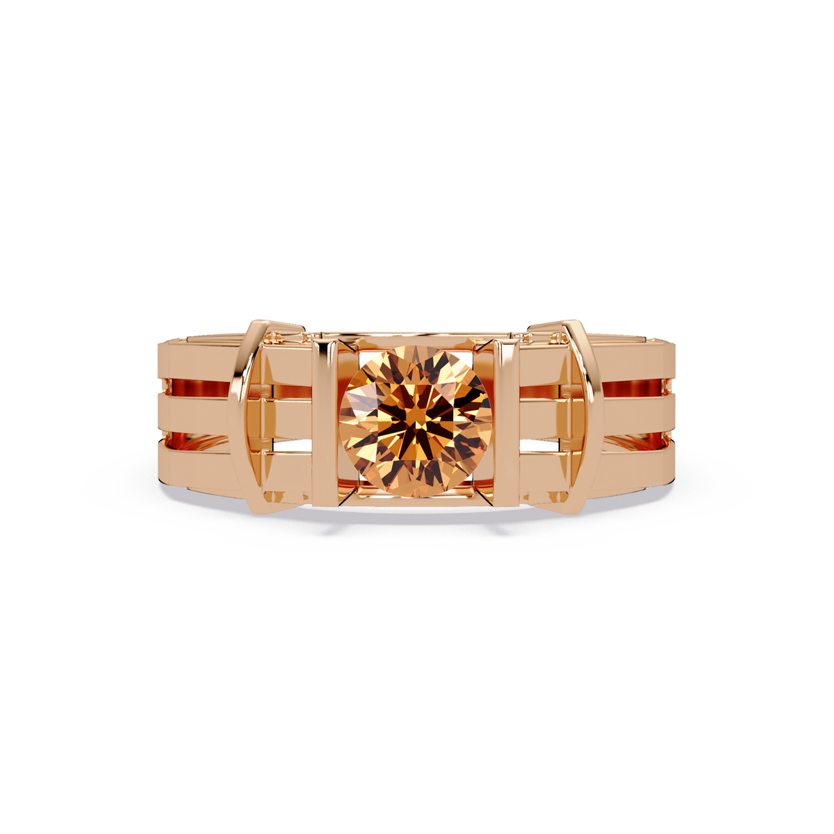 0.8 CTW Round Geometric Split-Rail Men’s Colorstone Ring with Champagne Topaz in Rose Gold – Lunéa Paris