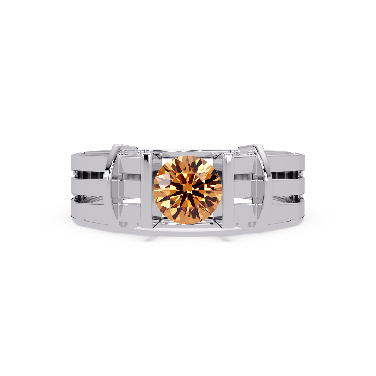 0.8 CTW Round Geometric Split-Rail Men’s Colorstone Ring with Champagne Topaz in White Gold – Lunéa Paris