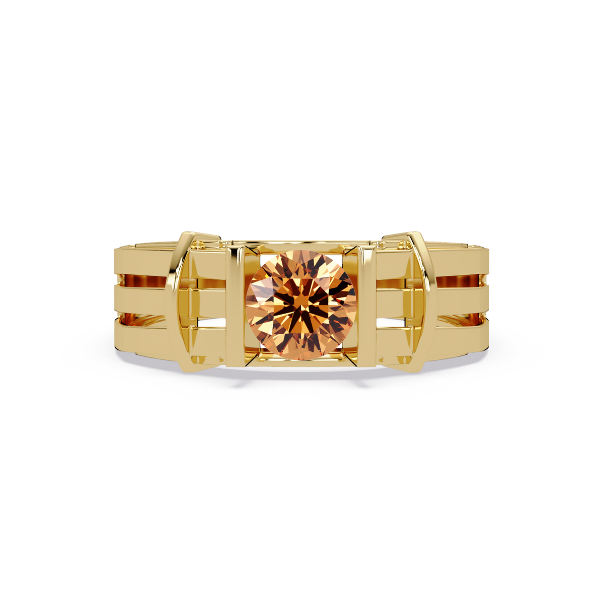 0.8 CTW Round Geometric Split-Rail Men’s Colorstone Ring with Champagne Topaz in Yellow Gold – Lunéa Paris