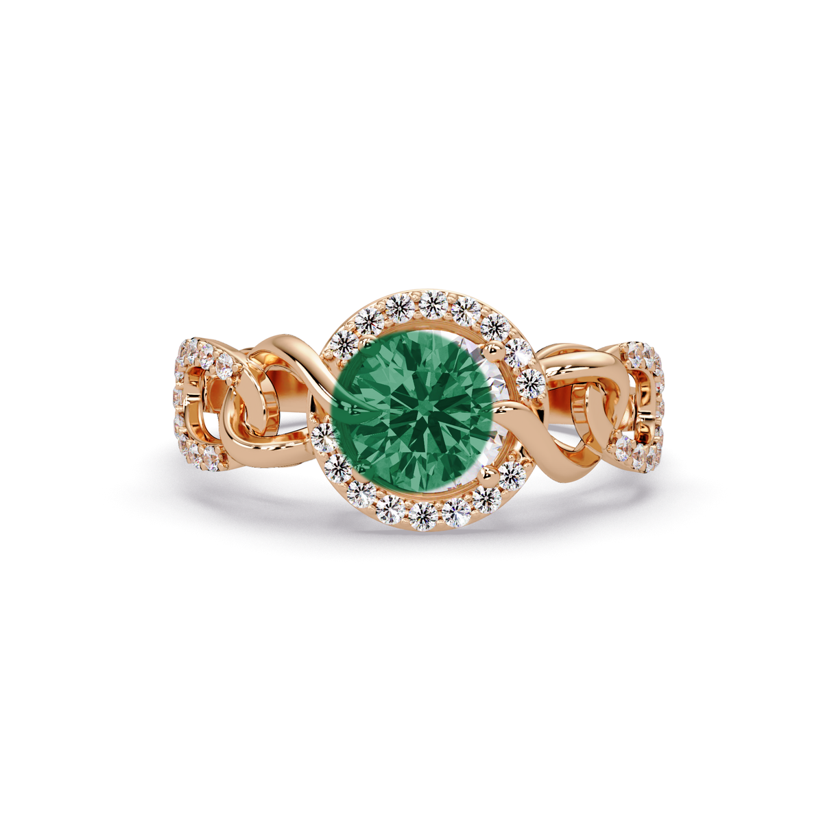 1.0 CTW Round Infinity Halo Pavé Colorstone Ring with Emerald Green center in 14K Rose Gold – Lunéa Paris