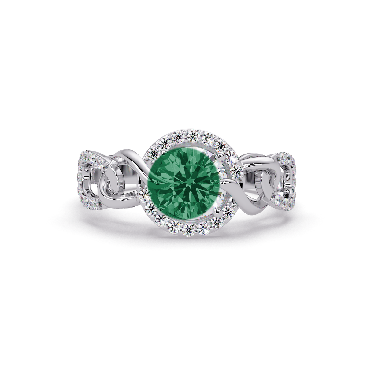 1.0 CTW Round Infinity Halo Pavé Colorstone Ring with Emerald Green center in 14K White Gold – Lunéa Paris