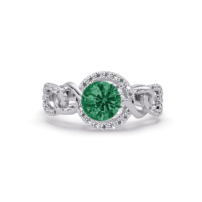 1.0 CTW Round Infinity Halo Pavé Colorstone Ring with Emerald Green center in 14K White Gold – Lunéa Paris