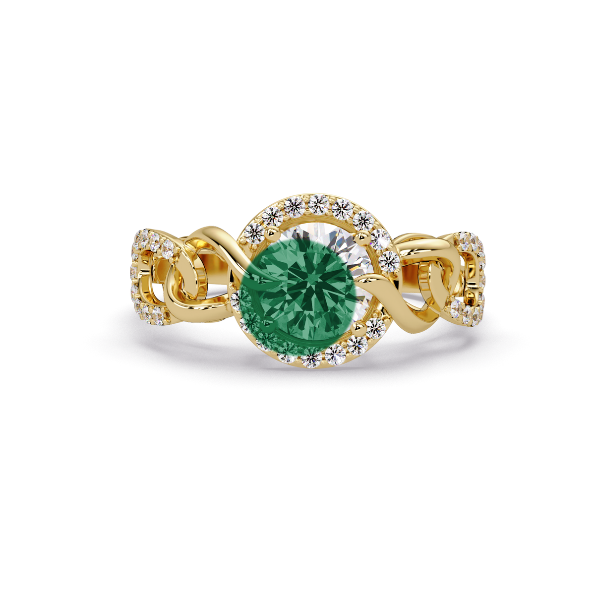 1.0 CTW Round Infinity Halo Pavé Colorstone Ring with Emerald Green center in 14K Yellow Gold – Lunéa Paris