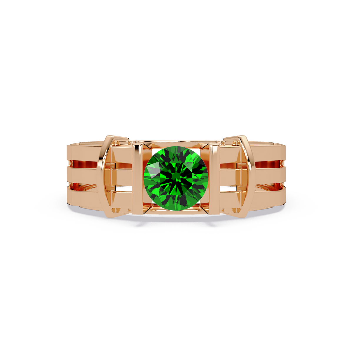 0.8 CTW Round Geometric Split-Rail Men’s Colorstone Ring with Emerald Green in Rose Gold – Lunéa Paris
