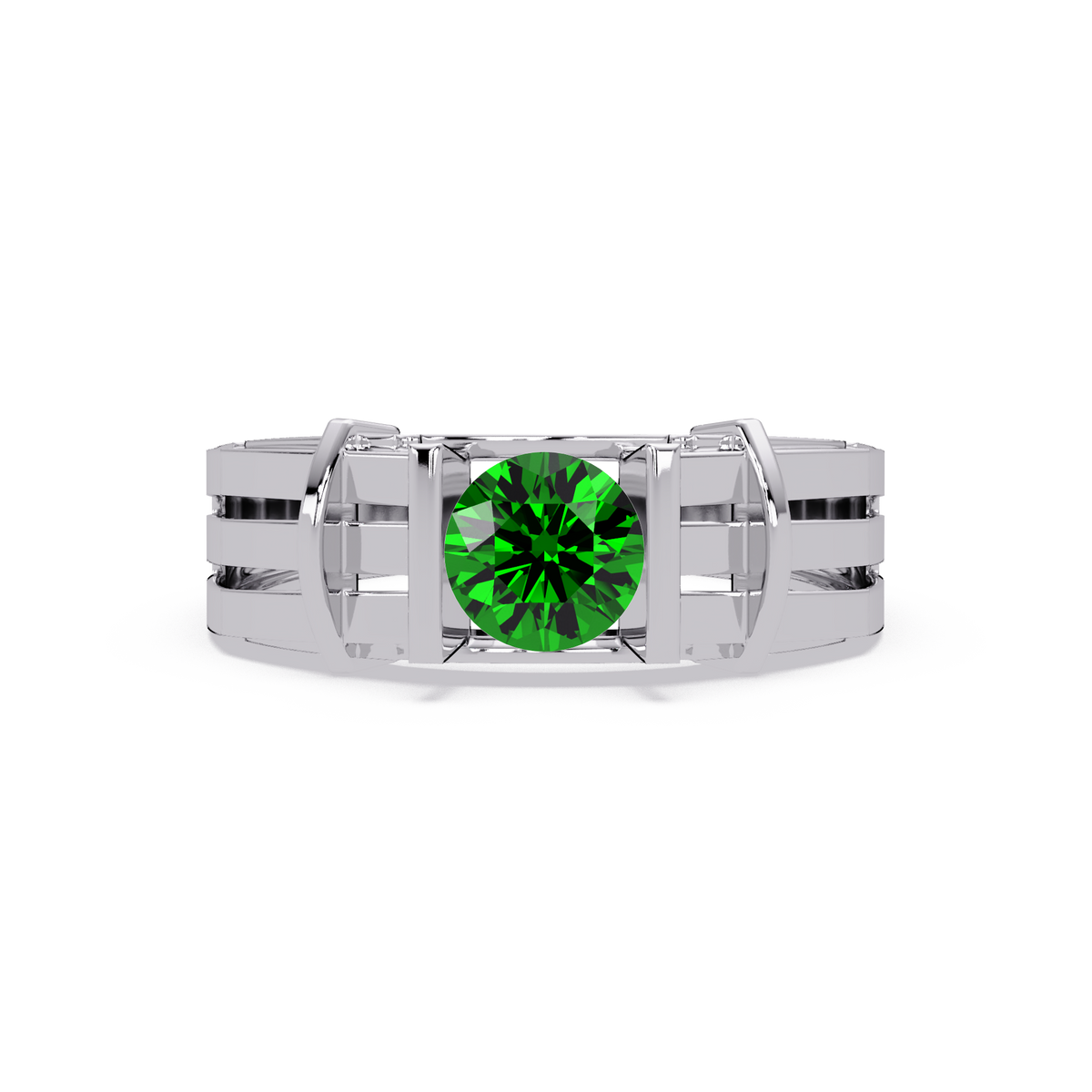 0.8 CTW Round Geometric Split-Rail Men’s Colorstone Ring with Emerald Green in White Gold – Lunéa Paris