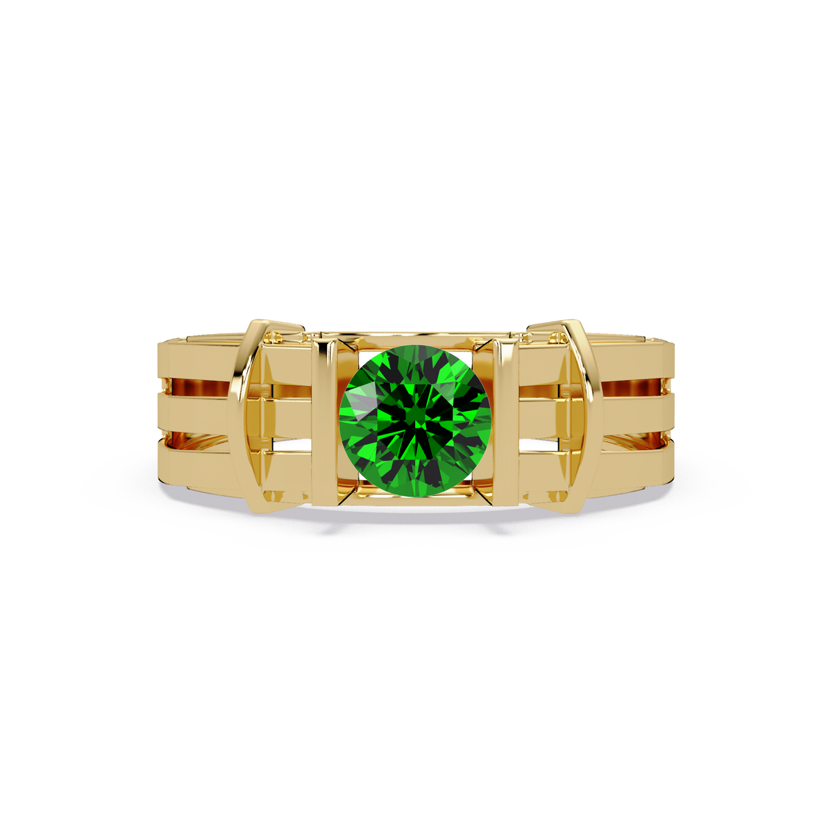 0.8 CTW Round Geometric Split-Rail Men’s Colorstone Ring with Emerald Green in Yellow Gold – Lunéa Paris