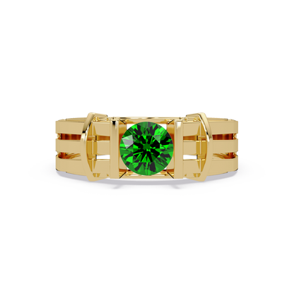 0.8 CTW Round Geometric Split-Rail Men’s Colorstone Ring with Emerald Green in Yellow Gold – Lunéa Paris