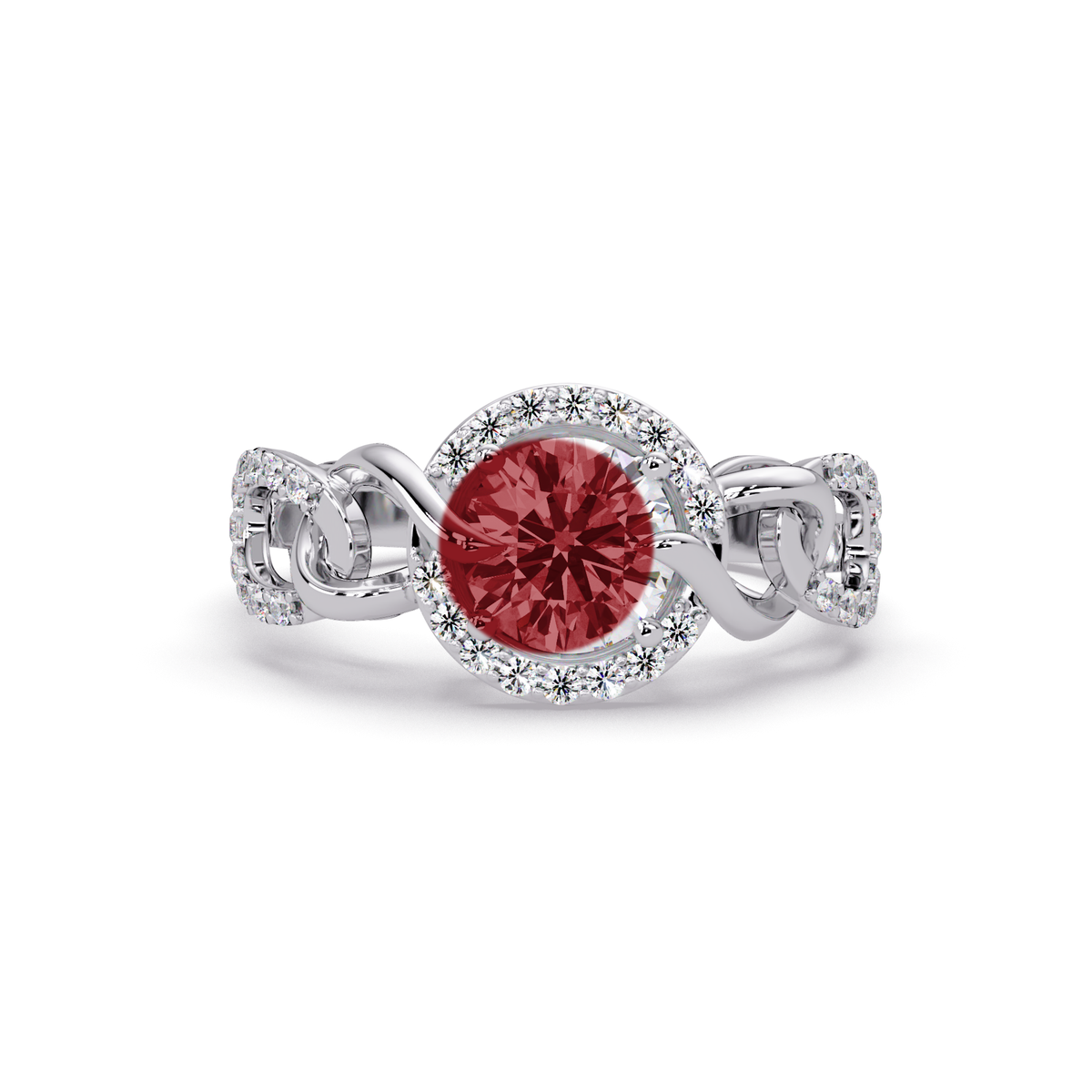 1.0 CTW Round Infinity Halo Pavé Colorstone Ring with Ruby Red center in 14K White Gold – Lunéa Paris