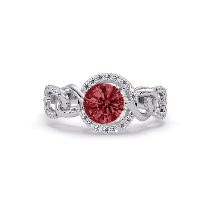 1.0 CTW Round Infinity Halo Pavé Colorstone Ring with Ruby Red center in 14K White Gold – Lunéa Paris