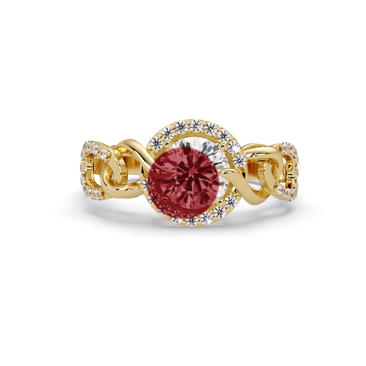 1.0 CTW Round Infinity Halo Pavé Colorstone Ring with Ruby Red center in 14K Yellow Gold – Lunéa Paris